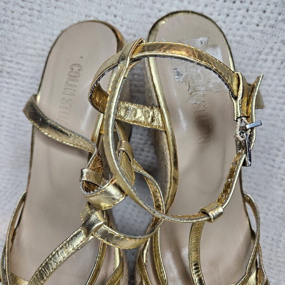 Colin Stuart Gold Strappy Leather Platform Wedge Heel Size 8.5 Womens - Picture 14 of 15